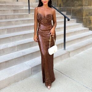 Brown Sequin Evening Gown with flower detail